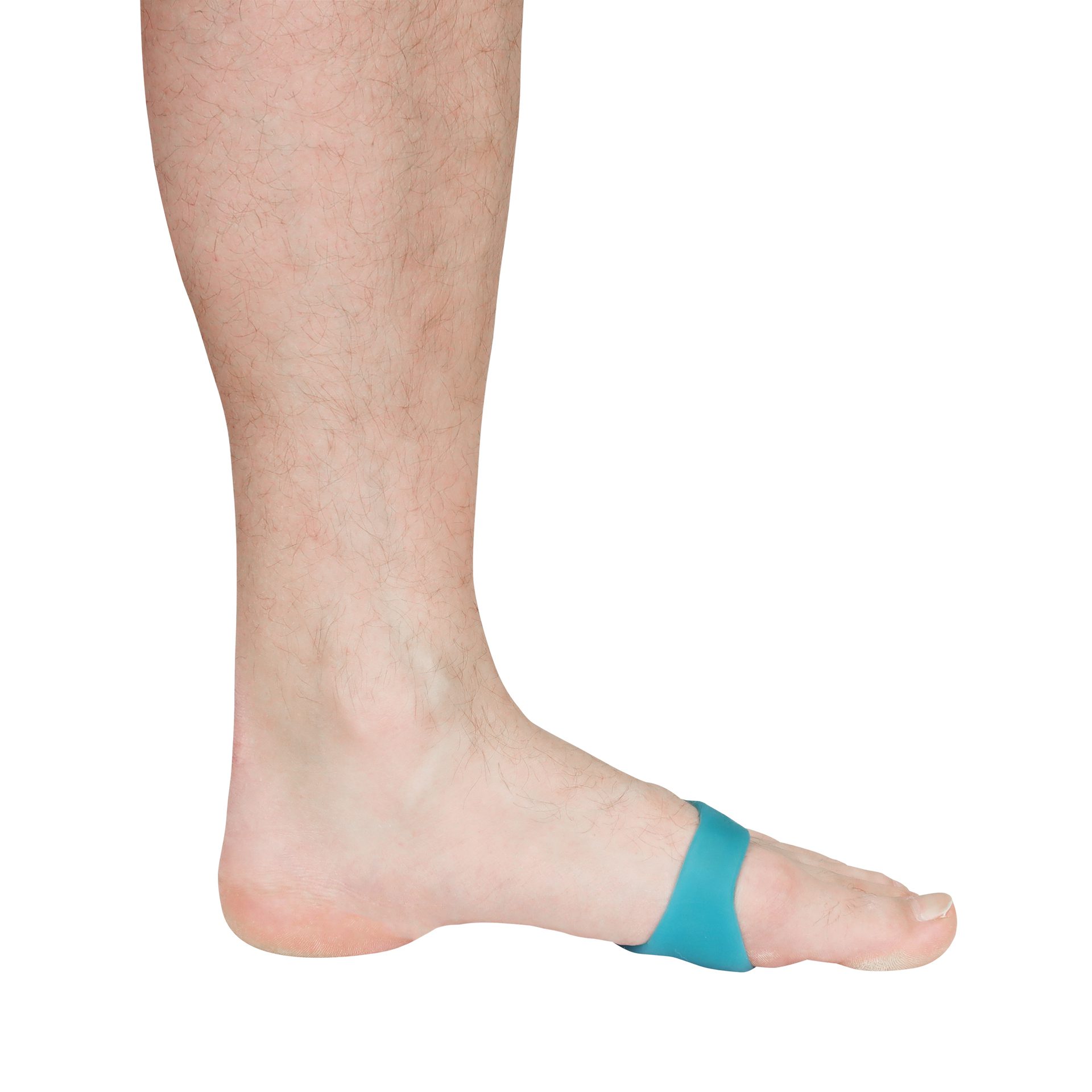 Side of a foot wearing a blue StrappyFeet